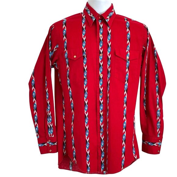 Vtg Wrangler Pearl Snap Shirt Men S 15-33 Aztec Southwestern Red Striped Western - Picture 1 of 16